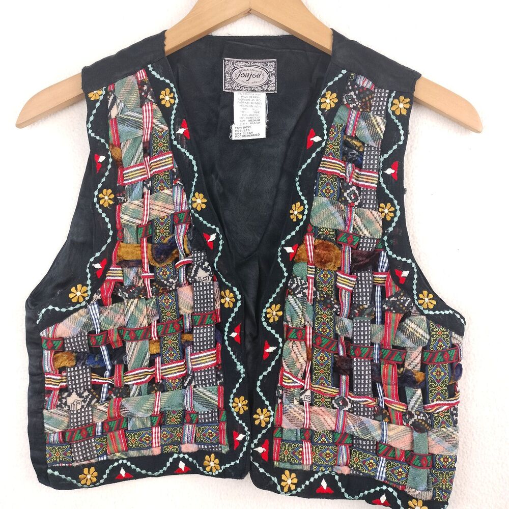 VTG JouJou Vest Womens M Colorful Floral Embroidered Woven Patchwork Cropped Art